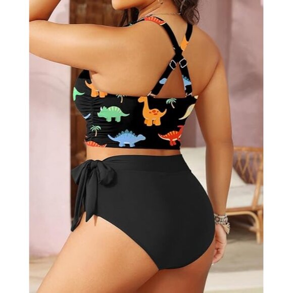 Tempt Me Plus Size 16 Bikini Set Womens Dino Print Crop Top Black High Waisted - Picture 2 of 8